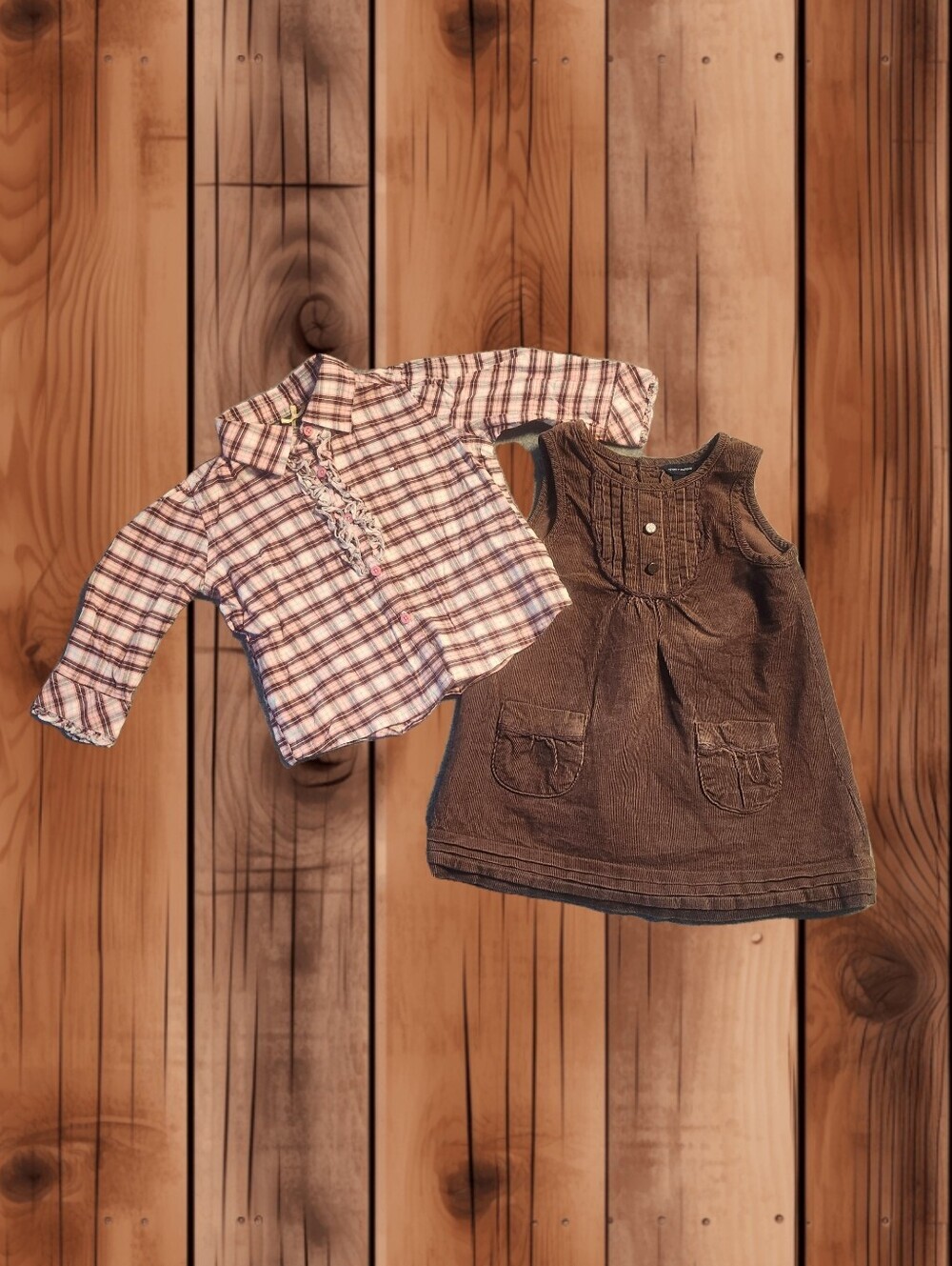 ​VTG Tommy Hilfiger Baby Girl 2PC Corduroy Jumper Dress Plaid Ruffle Shirt 12M